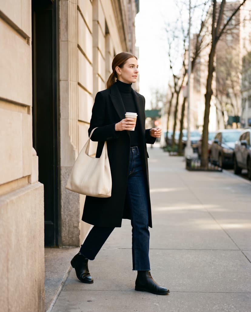 7am — coat, turtleneck, boots